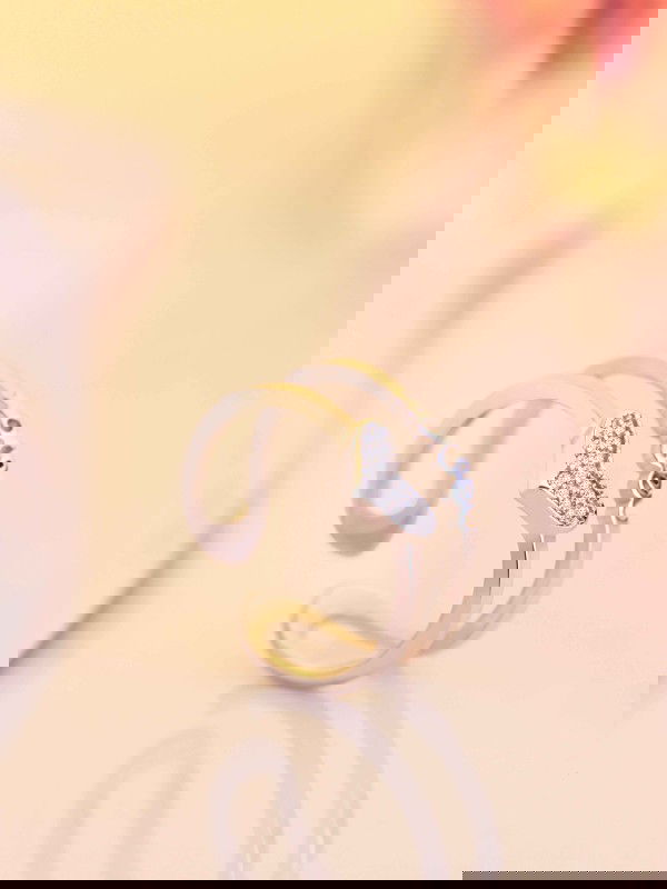 Silverette Love Heart Adjustable CZ Dual Ring