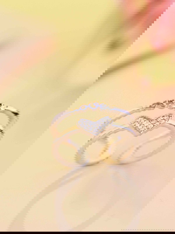 Silverette Love Heart Adjustable CZ Dual Ring