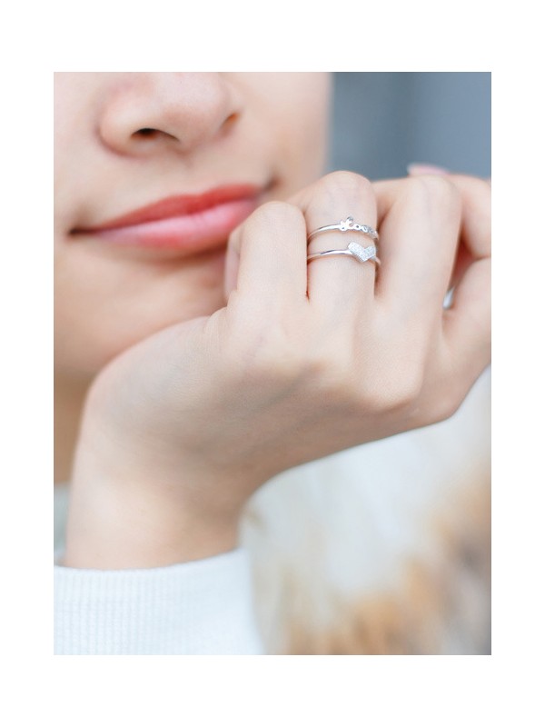 Silverette Love Heart Adjustable CZ Dual Ring