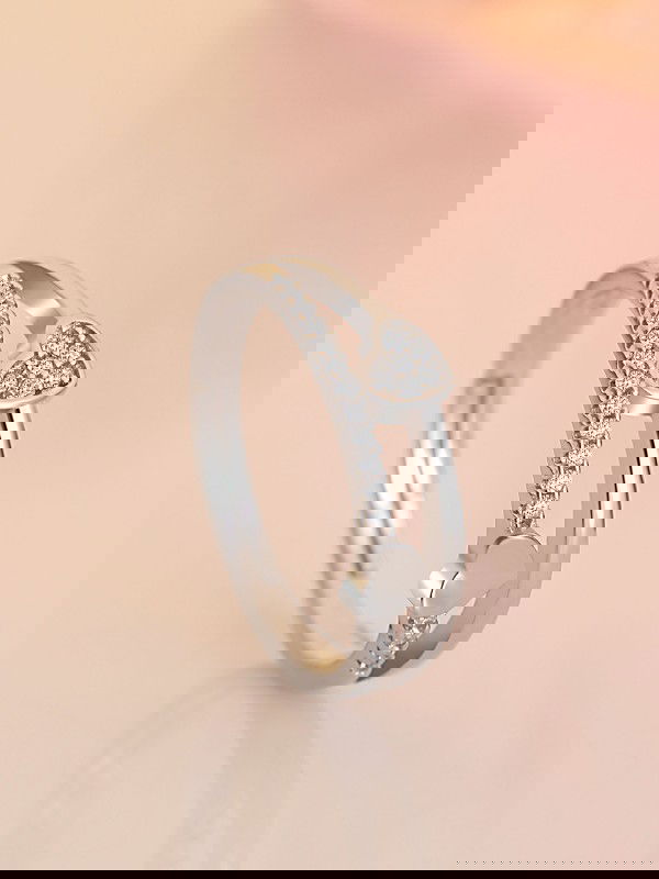 Silver Layered Hearts Adjustable CZ Ring