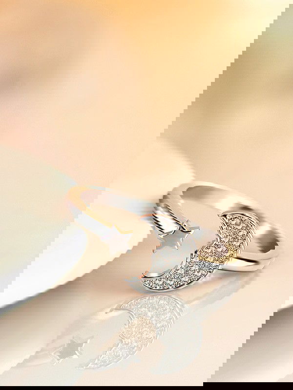 Stars and crescent moon adjustable ring in silver