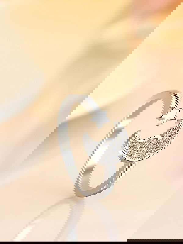 Stars and crescent moon adjustable ring in silver