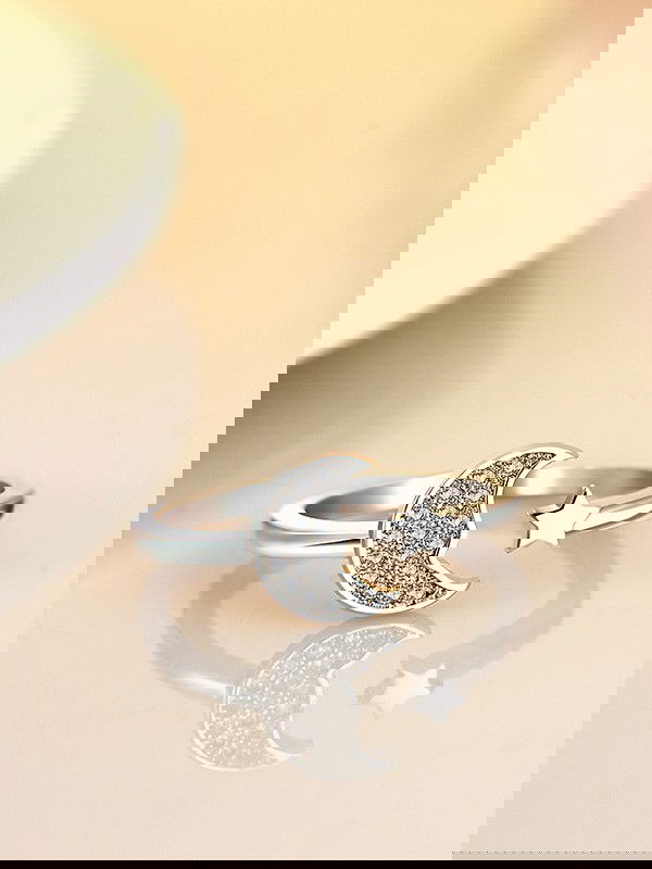 Stars and crescent moon adjustable ring in silver