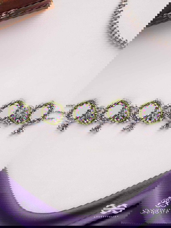 Chāyāmālā-Reflective choker- oxidized choker featuring intricate beadwork, mirrors, ghungroo (small bells), and thread details