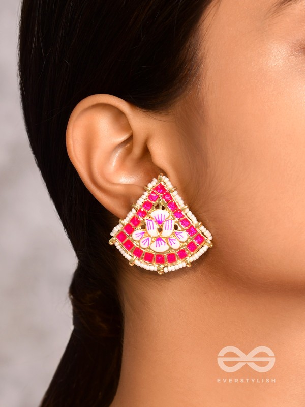The Lotus Temple- Enamelled Statement Stud Earrings (Rose Pink)