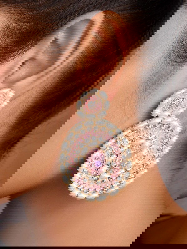  PRATIBIMB- THE RESPLENDENT REFLECTION- STONE, PEARLS AND SEQUINS EMBROIDERED EARRINGS (BLUSH PINK)