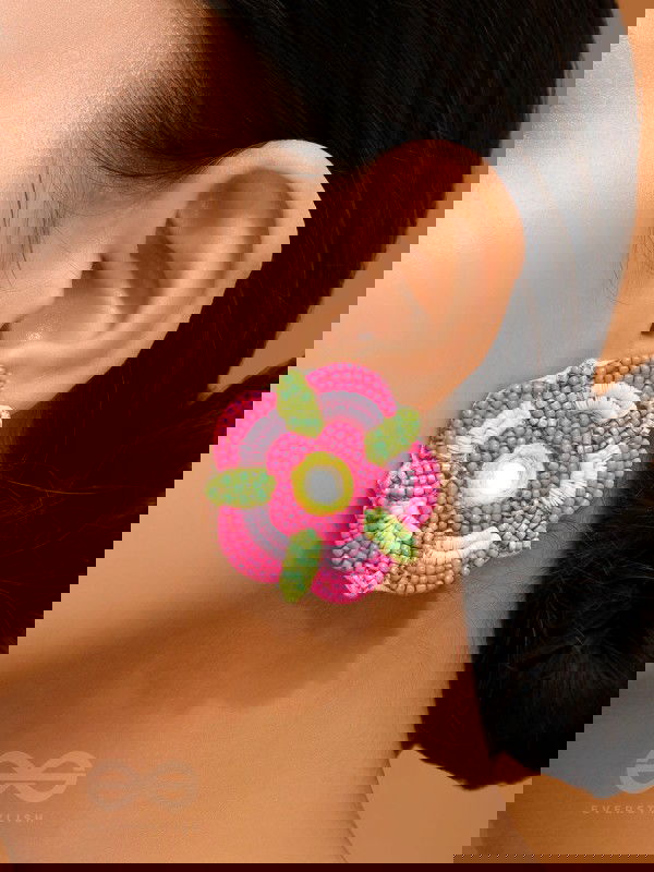 Saumana- The Pink Blossom- Resham and Mirror Embroidered Earrings