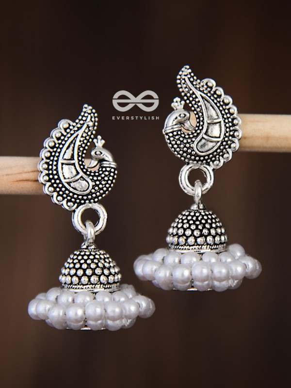 The Braided Pearl Peacock Jhumkis - Oxidised Boho Earrings