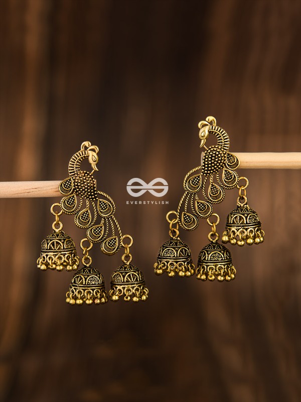 The Intricate Peacocks (Golden) - Triple Boho Jhumki Earrings