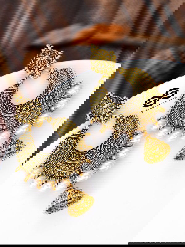 The Golden Motif Pearl Jhumkis - Oxidised Boho Earrings