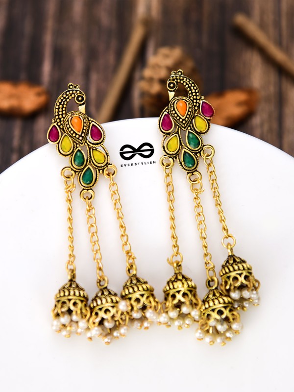 The Golden Embellished Peacock Triple Hanging Jhumkis