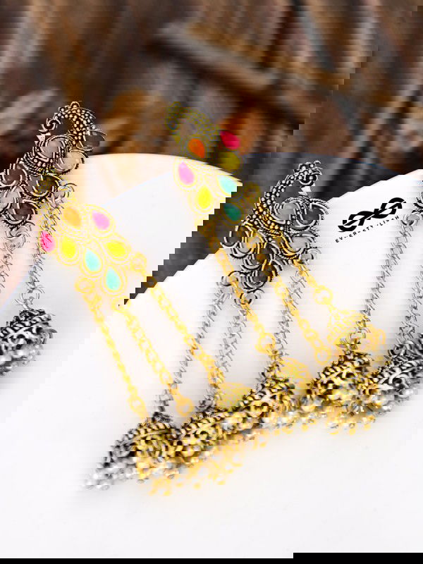 The Golden Embellished Peacock Triple Hanging Jhumkis