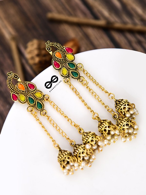 The Golden Embellished Peacock Triple Hanging Jhumkis