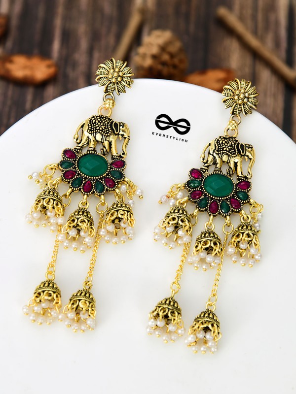 The Golden Embellished Elephant Artwork 5 jhumki Earrings