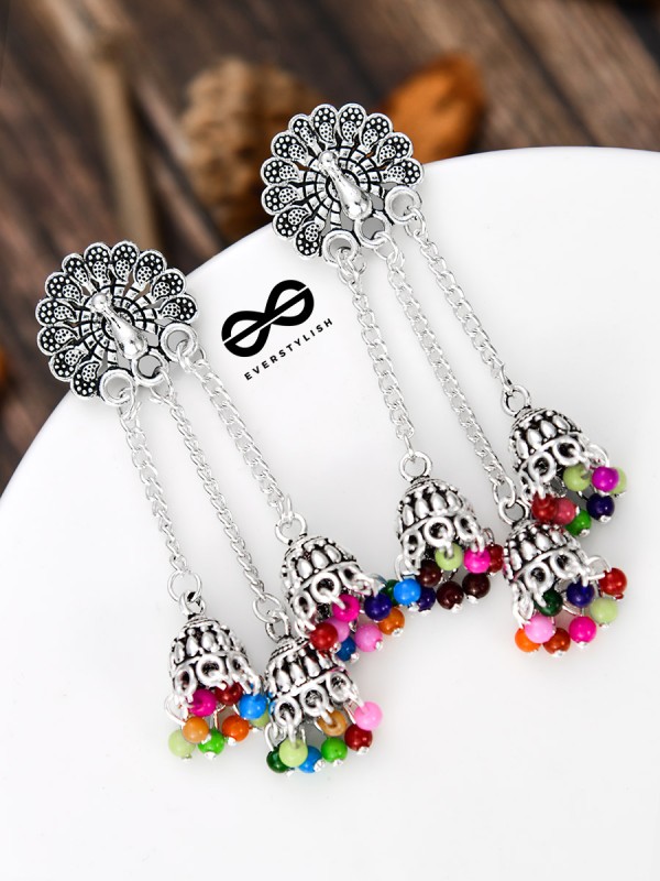 The Fanning Peacock Triple Multicolour Jhumkis - Oxidised Boho Earrings
