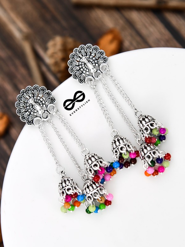 The Fanning Peacock Triple Multicolour Jhumkis - Oxidised Boho Earrings