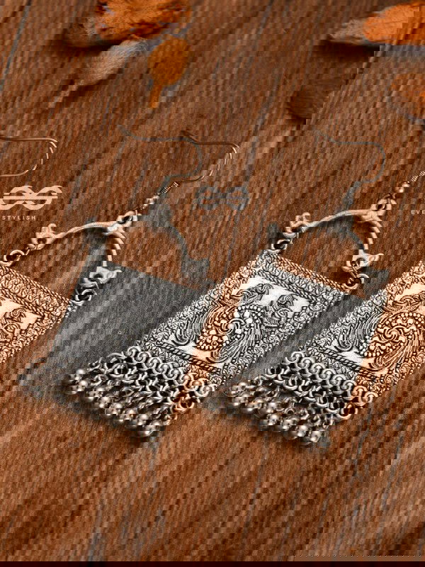 The Twin Peacock Artwork - Oxidised Boho Earrings