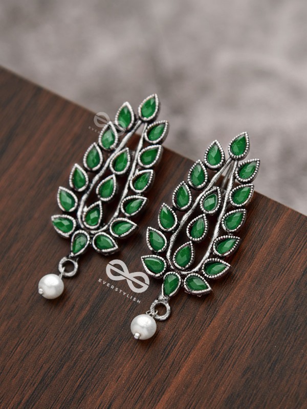 The Shimmering Leaves (Emerald Green)- Embellished Oxidised Earrings