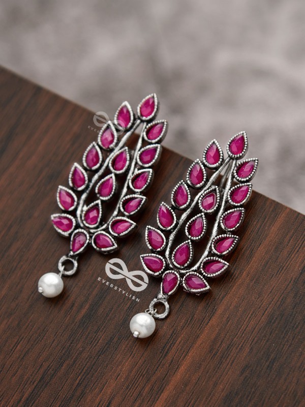 The Shimmering Leaves (Ruby Red)- Embellished Oxidised Earrings