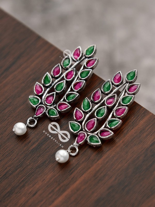 The Shimmering Leaves (Ruby Emerald)- Embellished Oxidised Earrings