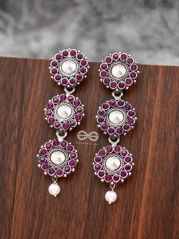 The Layered Boho Danglers (Ruby Red) - Embellished Oxidised Earrings 