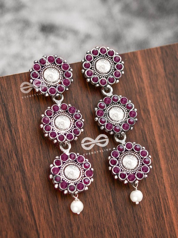 The Layered Boho Danglers (Ruby Red) - Embellished Oxidised Earrings 