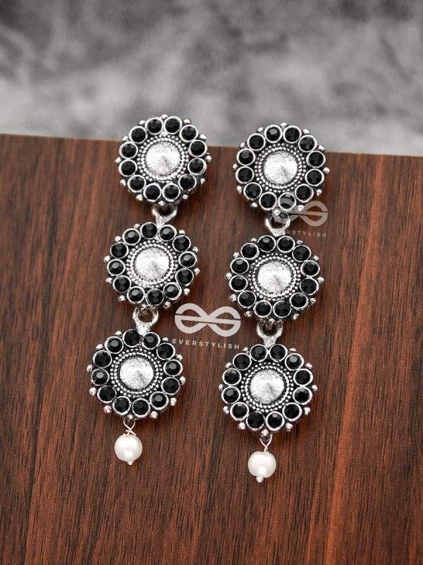 The Layered Boho Danglers (Onyx Black) - Embellished Oxidised Earrings 