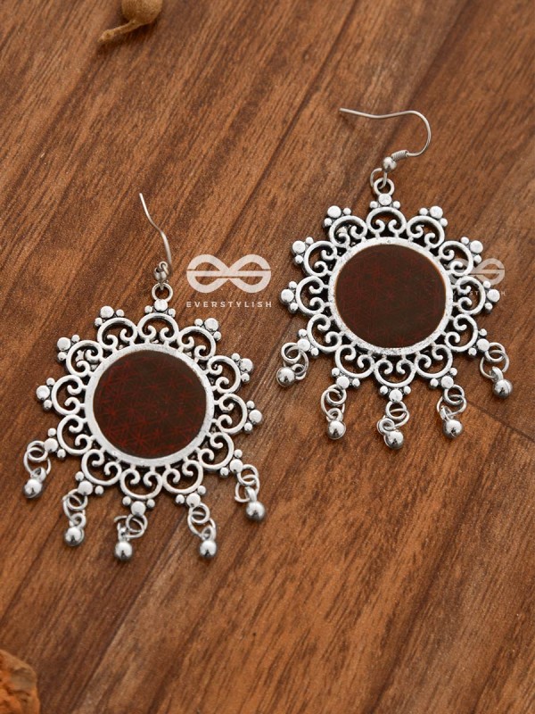 The Meshed Meenakari Sun (Burgundy) - Oxidised Boho Earrings