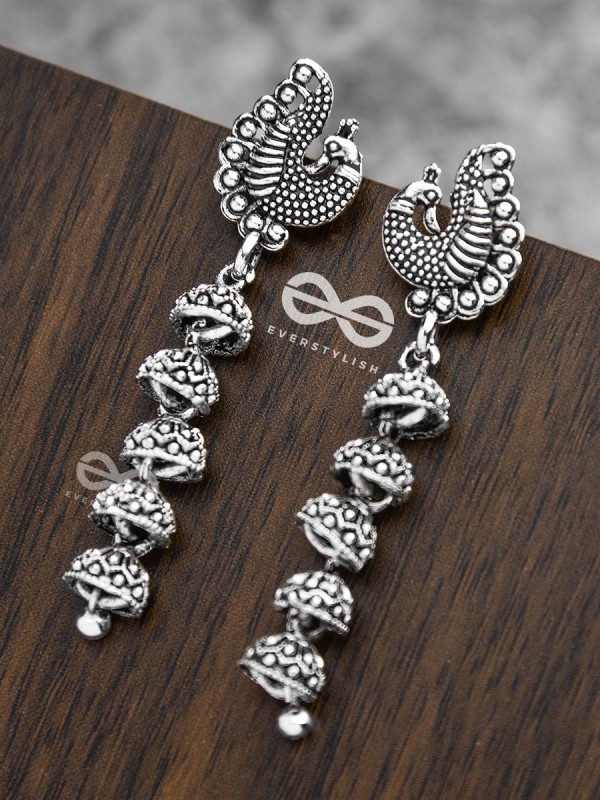 The Five-Layered Peacock Jhumkis - Oxidised Boho Earrings