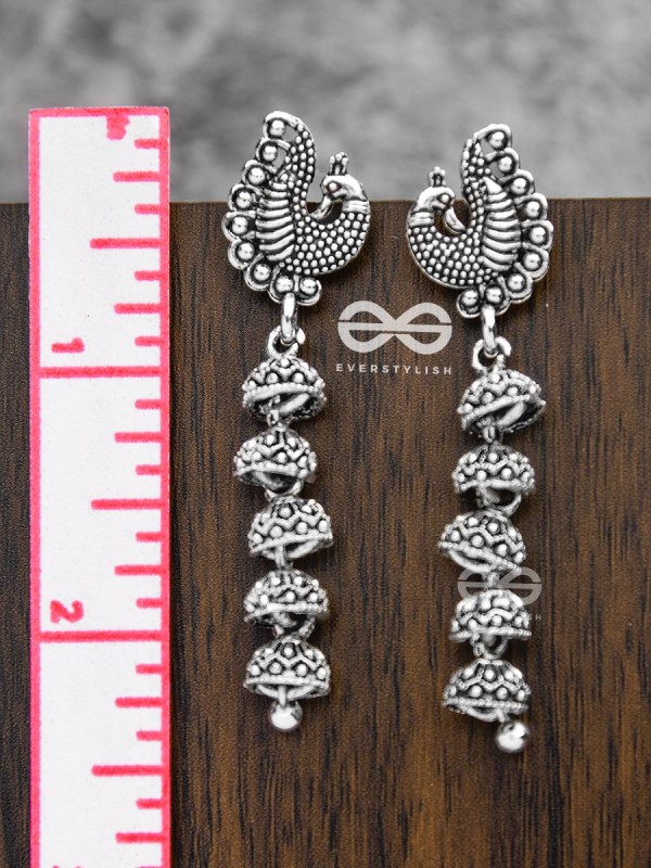 The Five-Layered Peacock Jhumkis - Oxidised Boho Earrings
