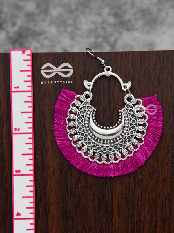 The Tasselled Motif Moons (fuchsia) - Oxidised Boho Earrings