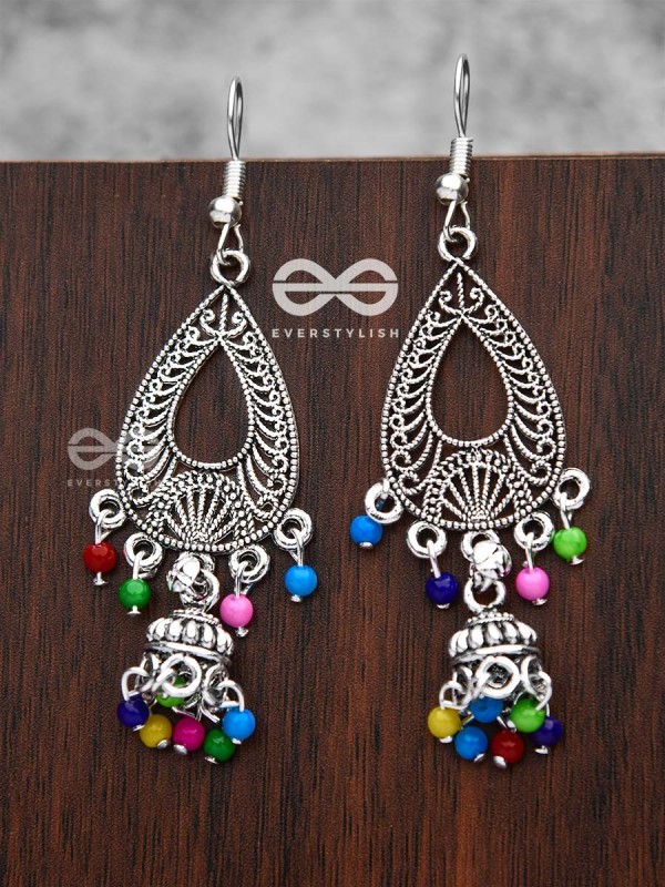 The Meshed Artwork Jhumkis (Multicolour) - Oxidised Boho Earrings
