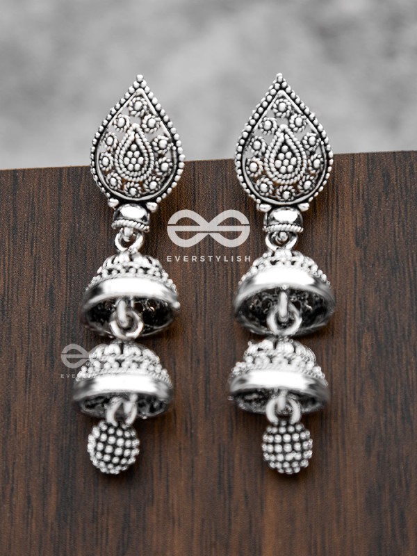 The double-Layered Drop Jhumkis - Oxidised Boho Earrings