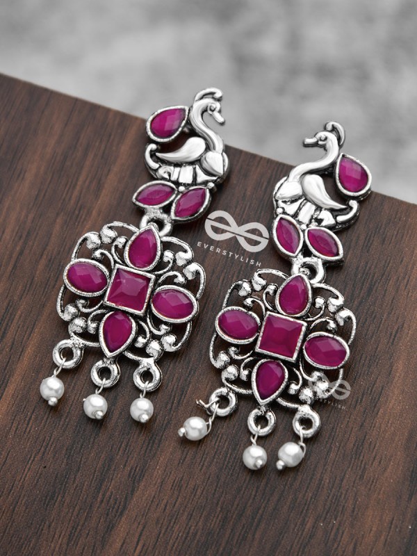 The Artsy Peacock Danglers (Ruby Red) - Embellished Oxidised Collection