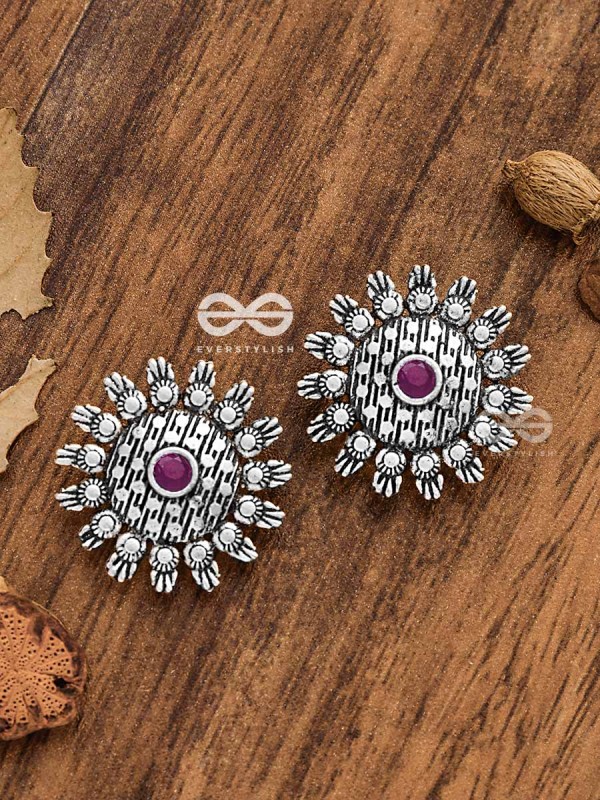 The Bohemian Intricate Sun (Ruby Red) - Embellished Oxidised Studs