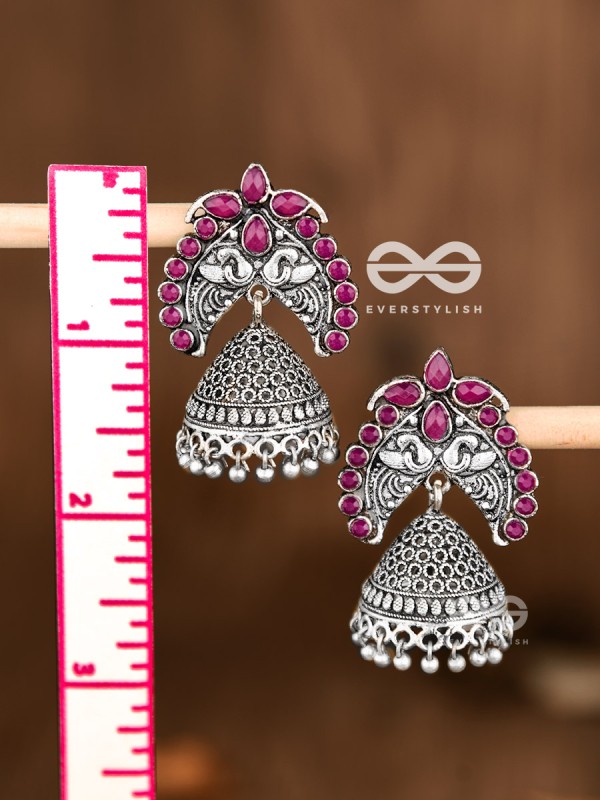 The Incredibly Indian Artwork Jhumkas (Ruby Red) - Embellished Oxidised Collection