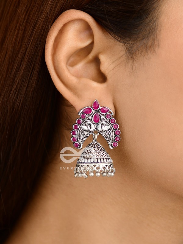 The Incredibly Indian Artwork Jhumkas (Ruby Red) - Embellished Oxidised Collection