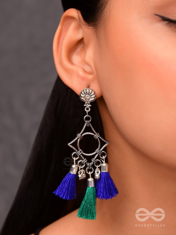 The Geometric Tasseled Elegance (Blue-Green) - Casual Danglers