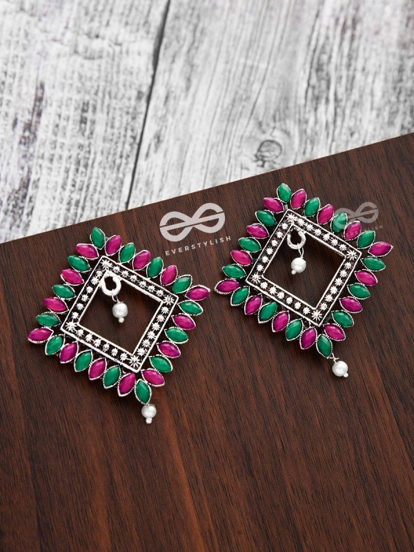 The Elegance Squared Studs (Ruby-Emerald)- Embellished Oxidised Collection