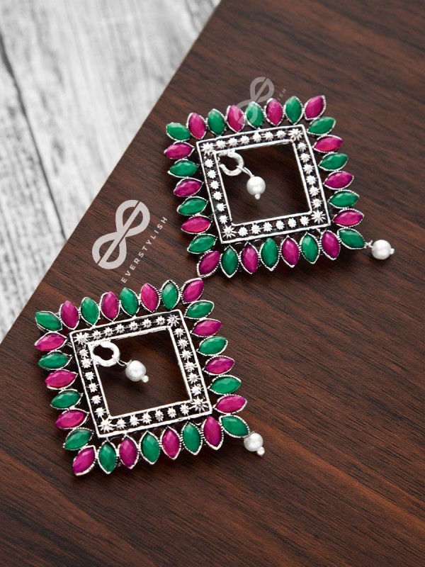 The Elegance Squared Studs (Ruby-Emerald)- Embellished Oxidised Collection