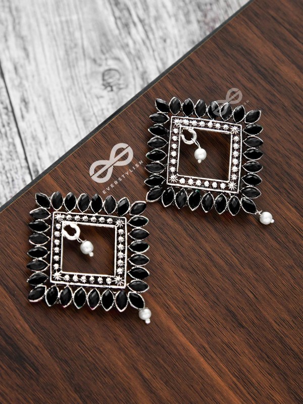 The Elegance Squared Studs (Onyx Black)- Embellished Oxidised Collection