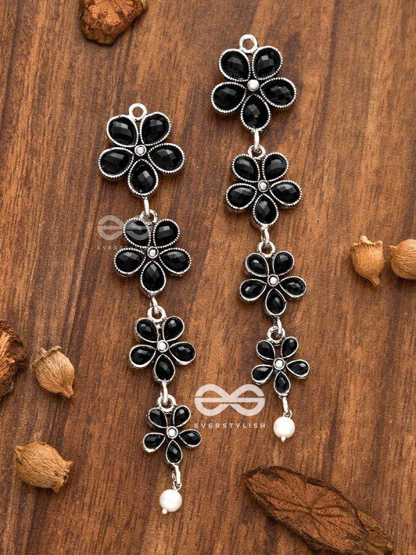 The Four Layered Dangling Floral Studs (Onyx Black) - Embellished Oxidised Collection