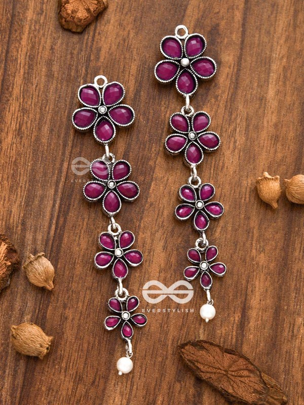 The Four Layered Dangling Floral Studs (Ruby Red) - Embellished Oxidised Collection