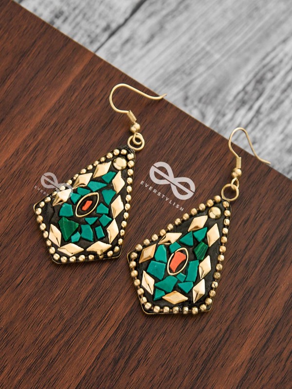 A Handcrafted Delight - Golden Turquoise Tribal Style Earrings