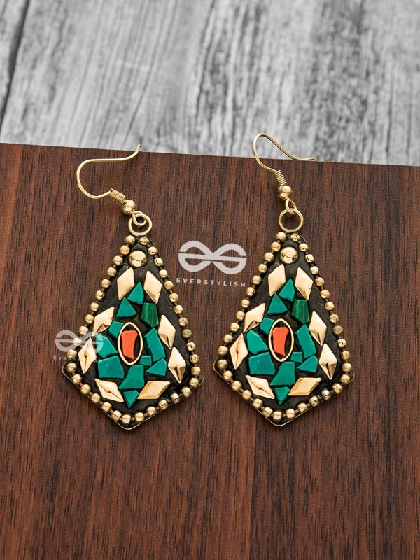 A Handcrafted Delight - Golden Turquoise Tribal Style Earrings
