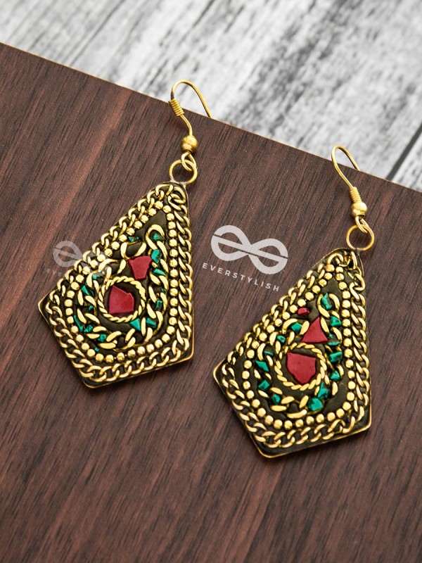 A Handcrafted Intricacy - Turquoise-Red Tribal Style Earrings