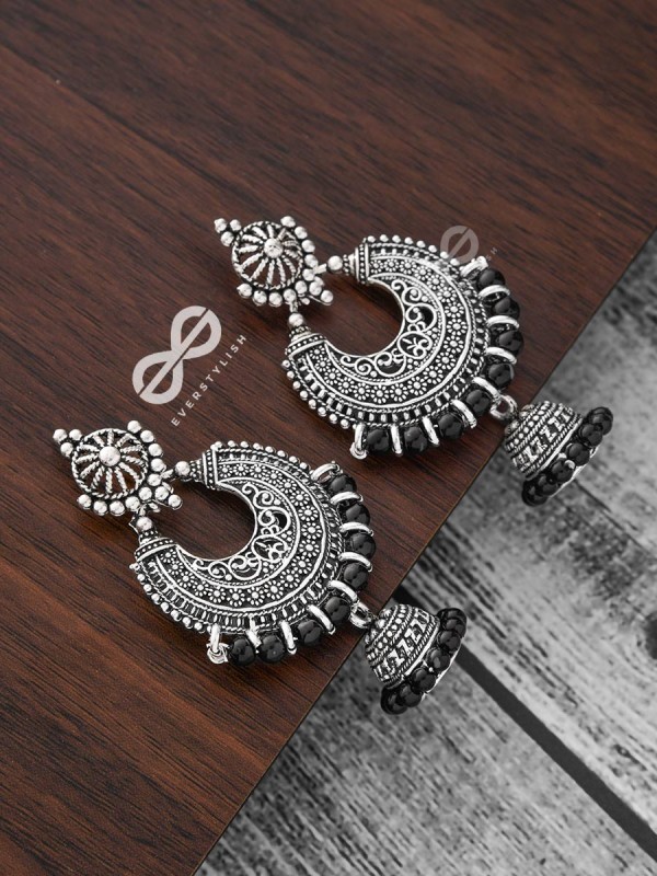 The Motif Moon Pearled Jhumkis(Silver-Black) - Oxidised Boho Earrings