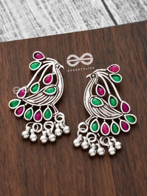 The Vintage Bird Artwork Studs(Ruby-Emerald) - Embellished Oxidised Collection