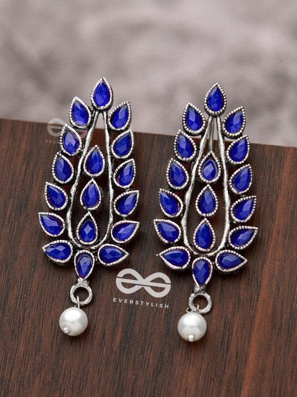The Shimmering Leaves (Sapphire Blue)- Embellished Oxidised Earrings