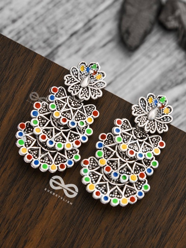 The Multi-Layered Multicoloured Peacocks - Oxidised Boho Earrings